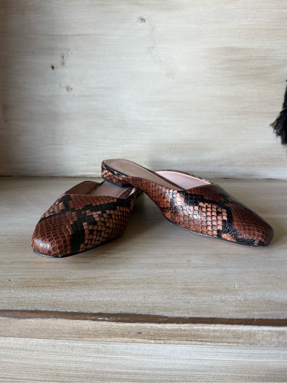 Women’s J.Crew Carolyn Snake Embossed Leather Mule Flats Dry Cinnamon Size 6
